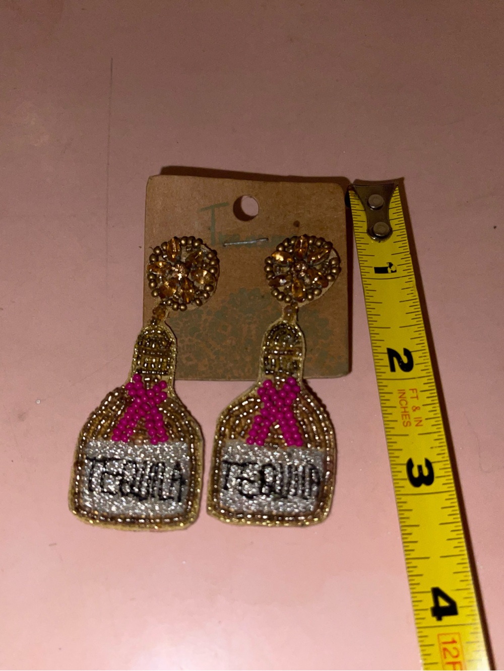 Beaded Pink & Gold Tone Ribbon Champagne Bottle Dangle Earrings